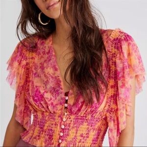 Free People Sugar Top in Hot Tropics Women’s Medium Crop Mesh Blouse